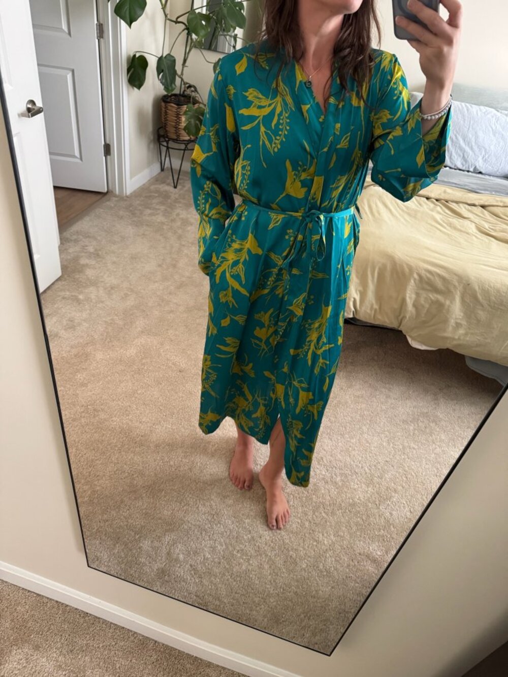 Stars Above Boho Teal Green Floral Satin Robe OSFM